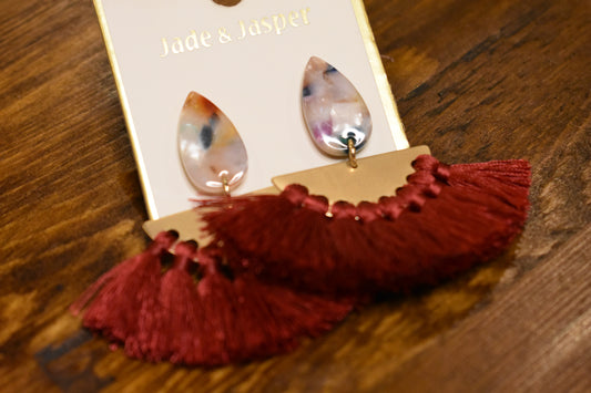 Burgundy Fan Fringed Earrings