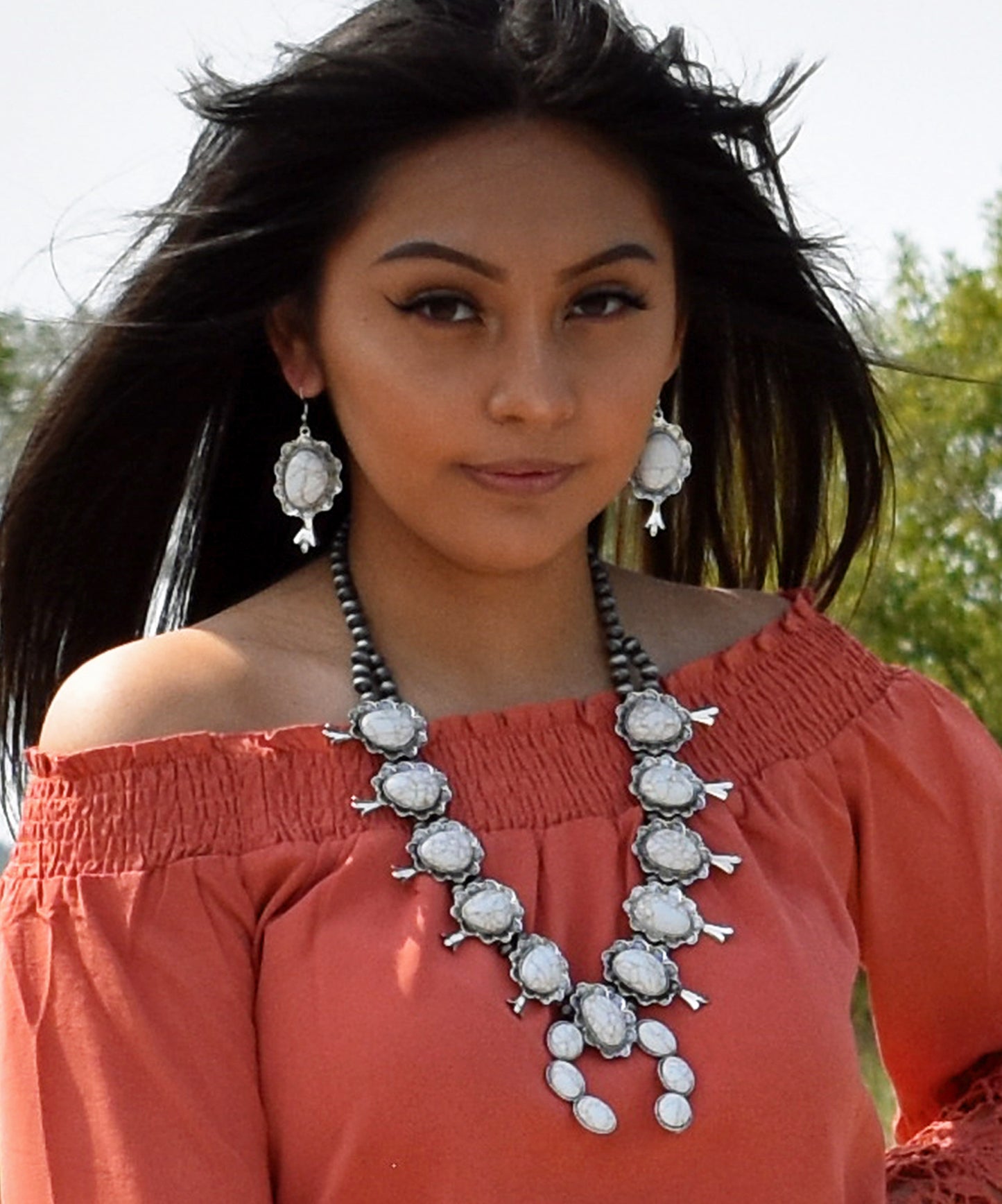 White Stone Squash Blossom Necklace