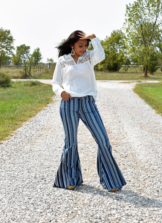 Stripe Button Fly With Exposed Denim Flare Jeans