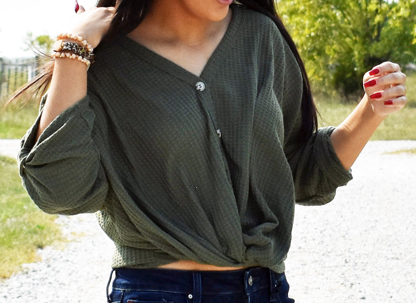 Button Dolman Sleeve Waffle Knot Top-olive