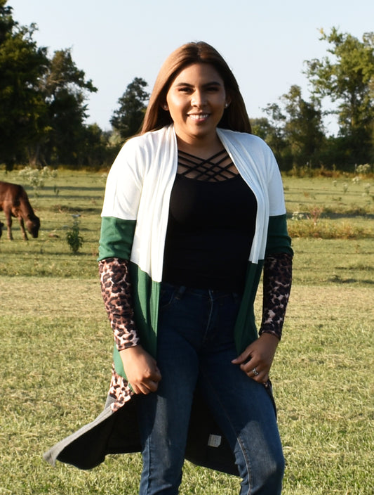 Green Leopard Print Color-block Cardigan