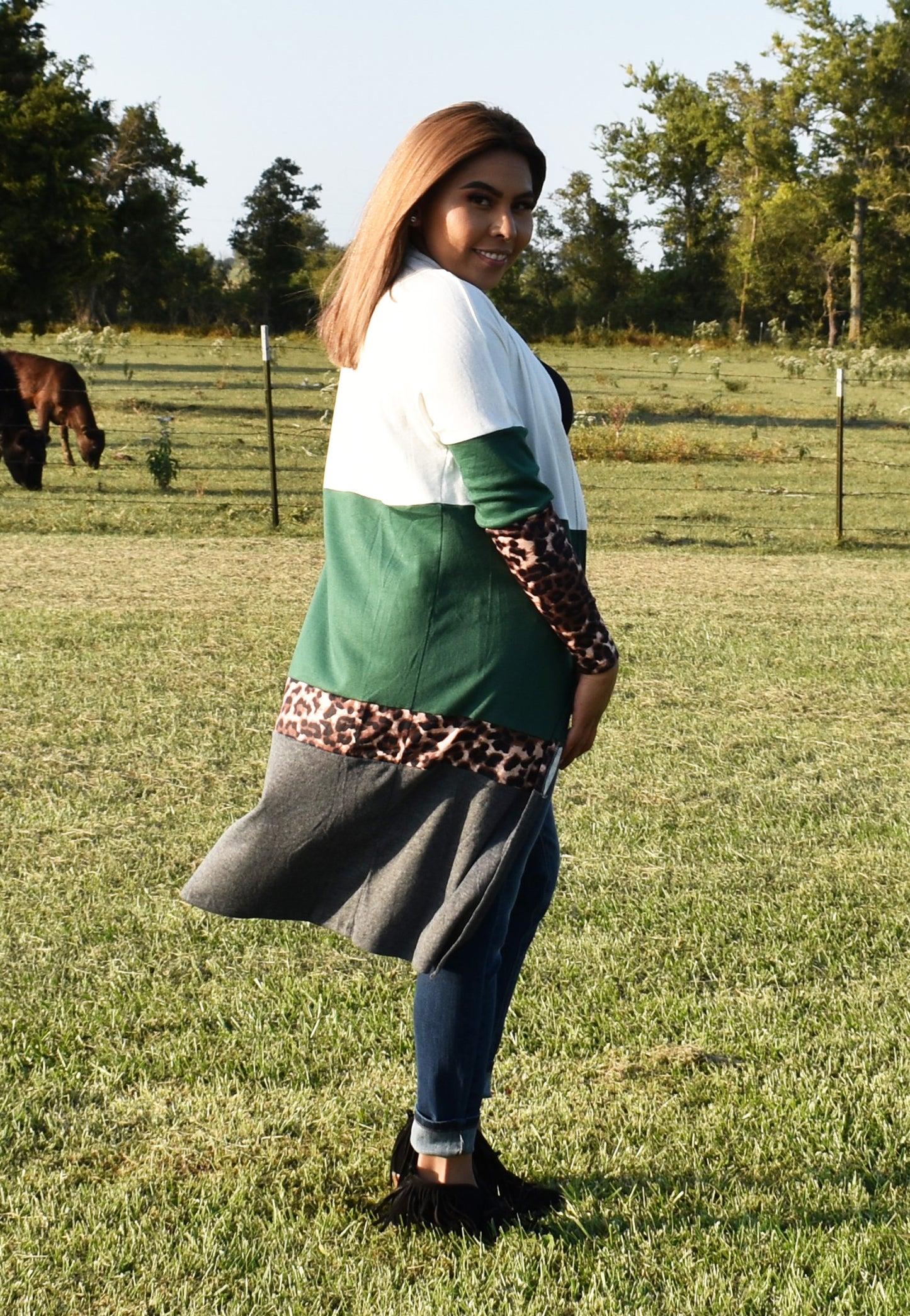 Green Leopard Print Color-block Cardigan