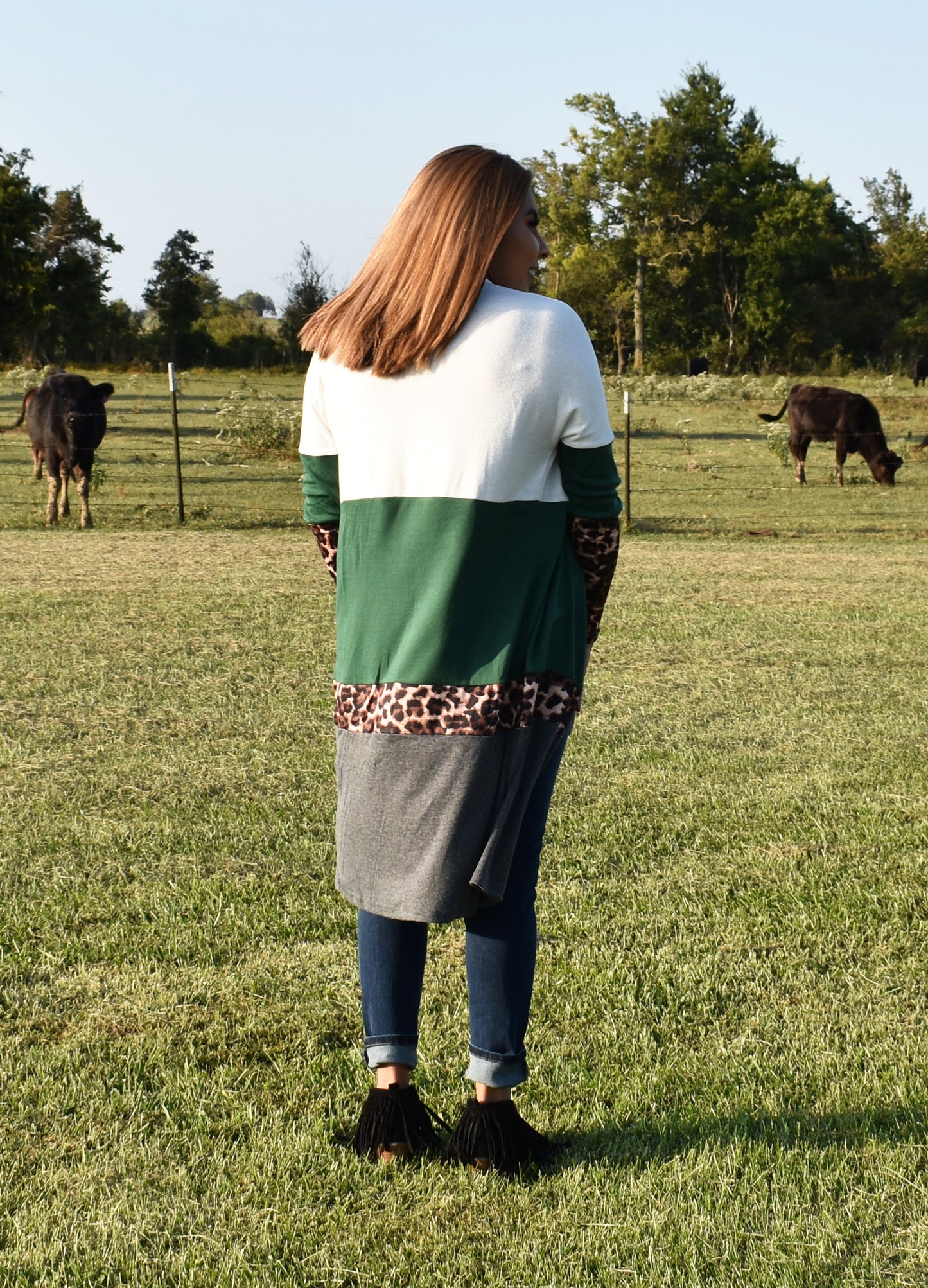 Green Leopard Print Color-block Cardigan