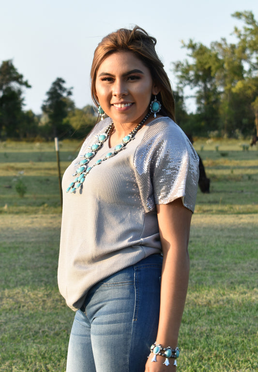 Gray Sequined Sleeve Top