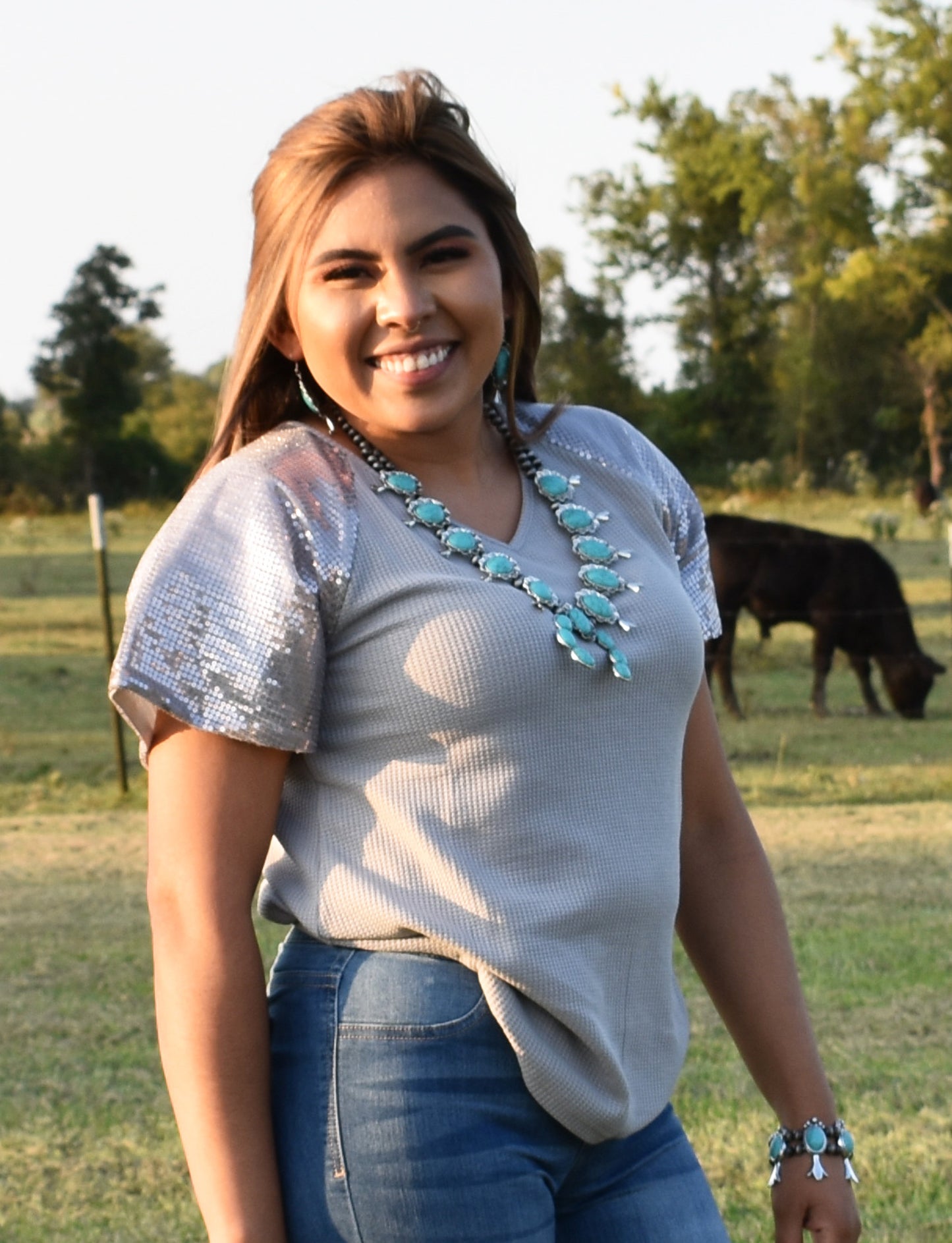 Gray Sequined Sleeve Top