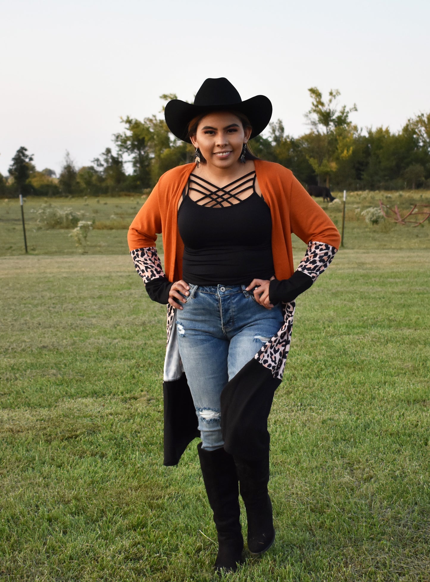 Rust Leopard Color-block Cardigan