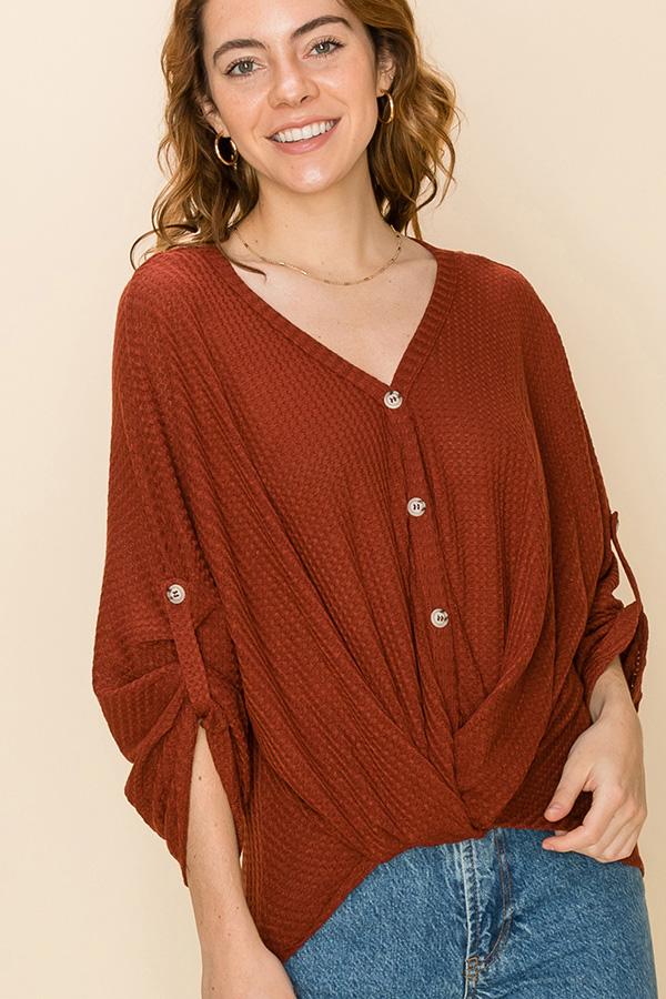 Button Dolman Sleeve Waffle Knot Top-brick