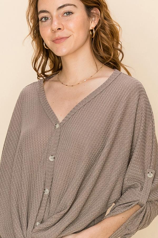 Button Dolman Sleeve Waffle Knot Top-taupe