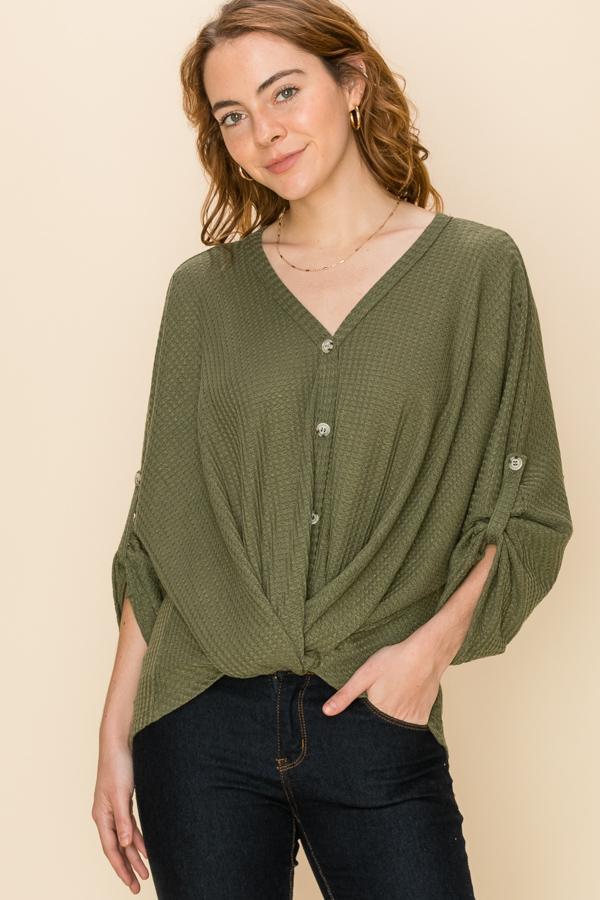 Button Dolman Sleeve Waffle Knot Top-olive